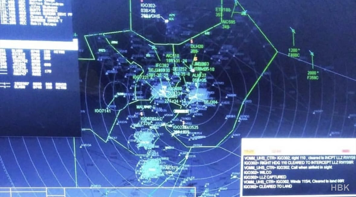 Radar display showing traffic in a flight-simulation session