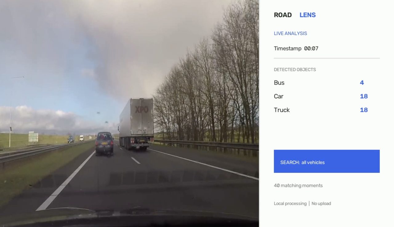 RoadLens preview showing dashcam footage alongside vehicle counts and search results